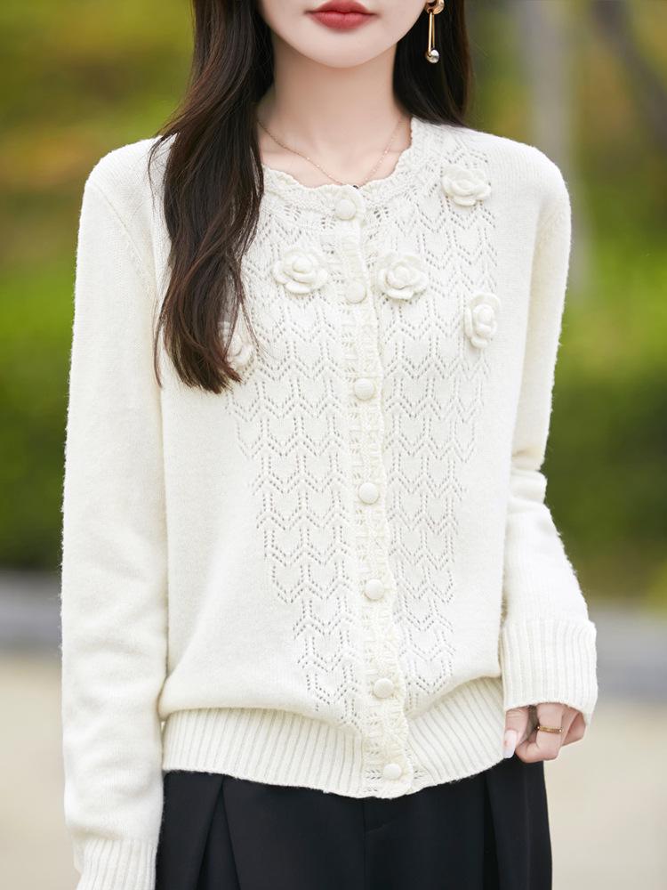 Handmade Pure Wool Hollow Out Knit Cardigan with Floral Design - Red, Autumn/Winter.