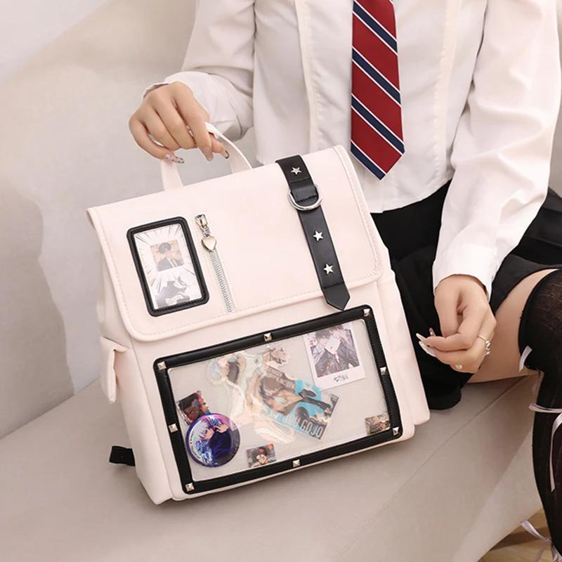 Japanese Y2K Kawaii Transparent Itabag Backpack Large Capacity PU Leather School Bag for Women Girls JK Fashion Daily Use