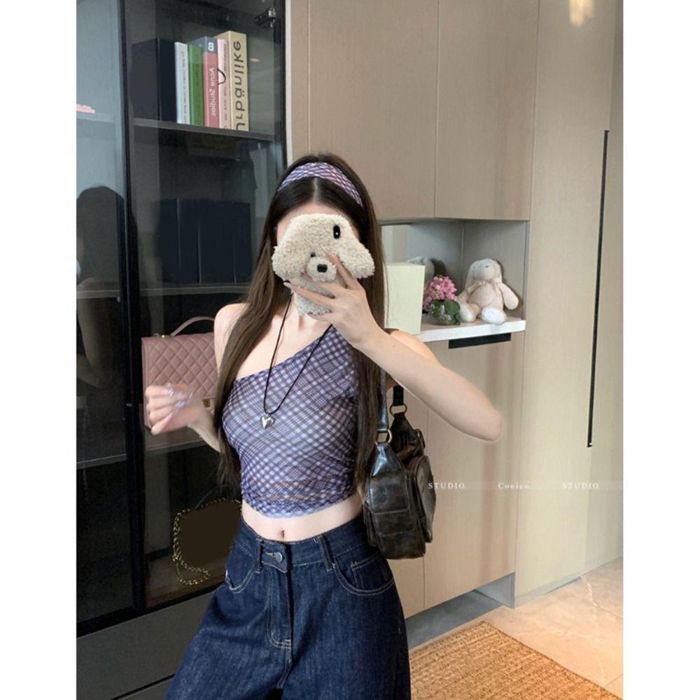 

Women s Retro Plaid One-Shoulder French Camisole – Sleek Black Summer Sleeveless Top M [Premium Quality]