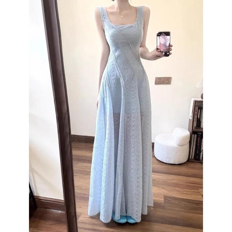 Women's Elegant Light Blue Maxi Spaghetti Strap A-Line Evening Party Dress