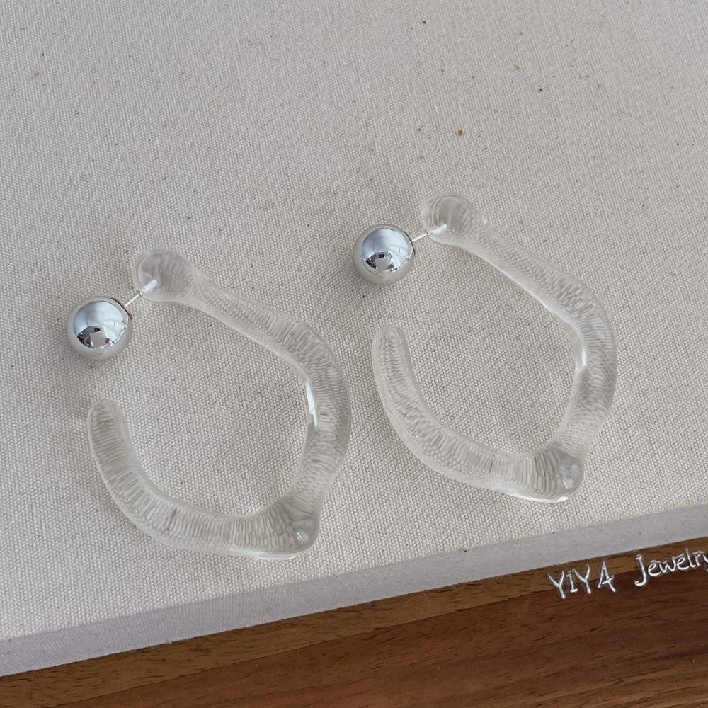 Clear Irregular C-Shaped Acrylic Hoop Earrings Silver Ball Stud Minimalist Transparent Large Geometric Drop Earrings for Women