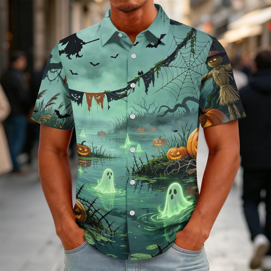 Men's Halloween Print Vintage Button Down Cardigan Shirt - Loose Fit Breathable Summer Casual Streetwear Top