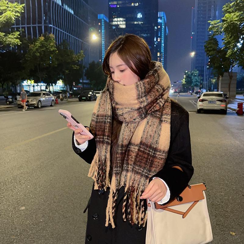 New Maillard Striped Thick Tassel Big Braid Plush Scarf Winter Warm Thickened Lazy Student Scarf