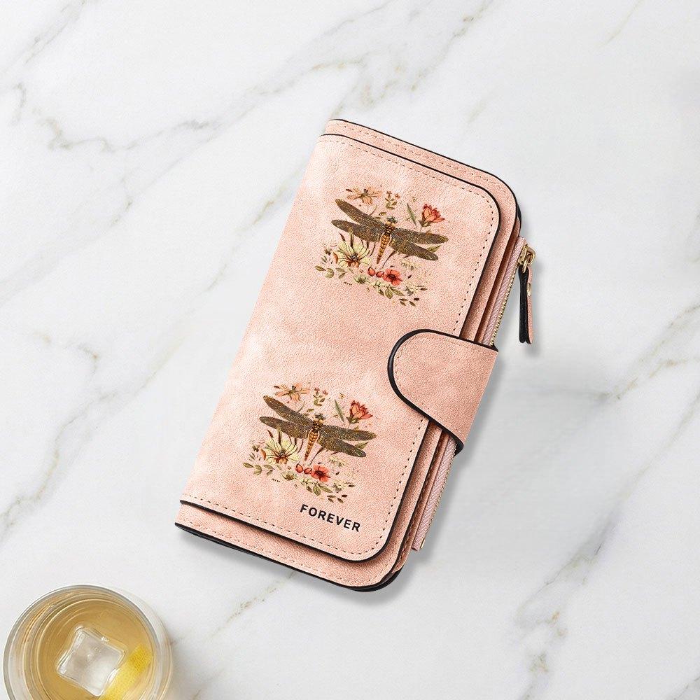 Dragonfly and Floral Exquisite Illustration Print Long Wallet Multifunctional Portable Coin Purse with Clasp Suitable for Daily Commuting Large