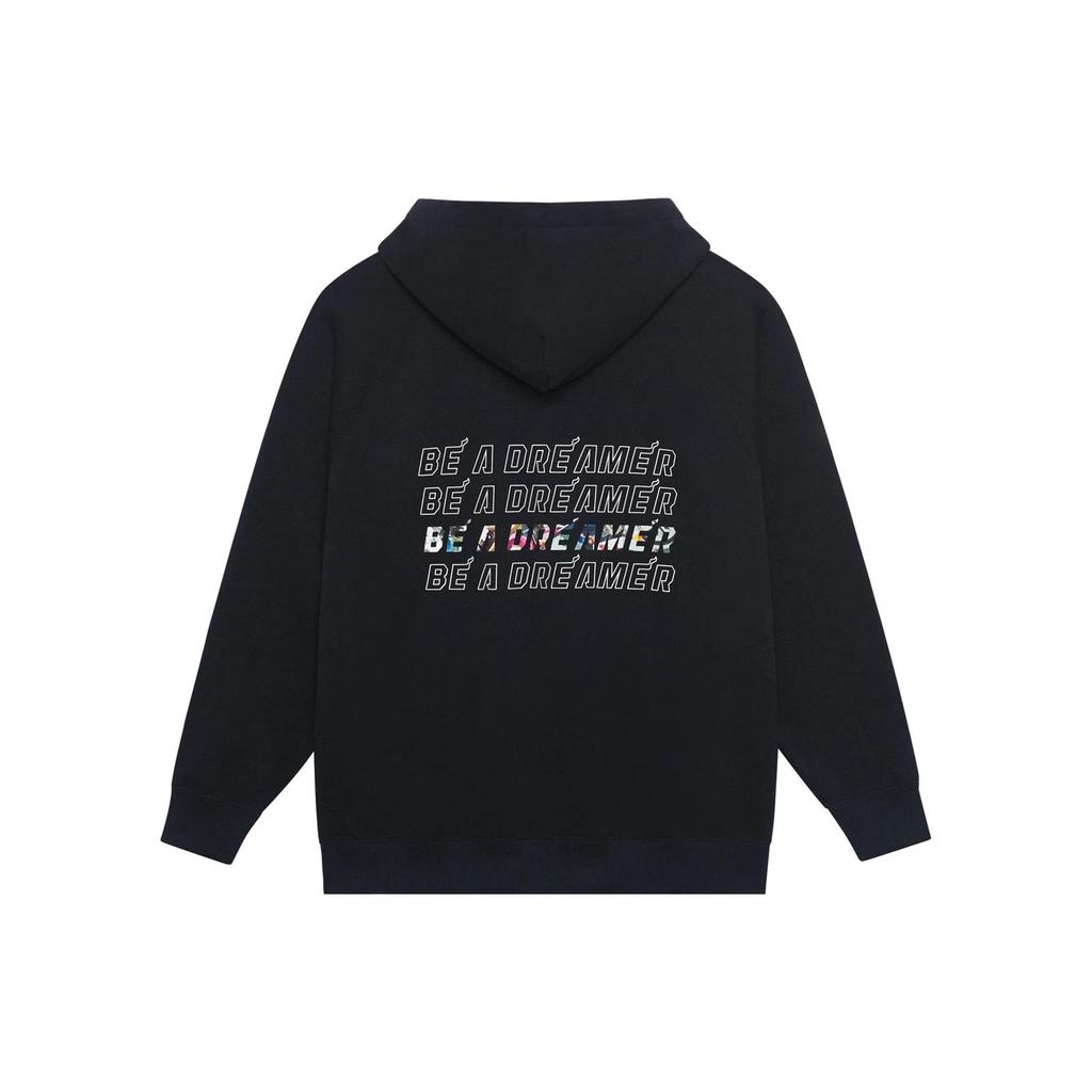 Li-Ning Solid Color Zip-Up Hoodie With Letter Print and Drawstring Unisex Hoodie Black AWDSI35-1