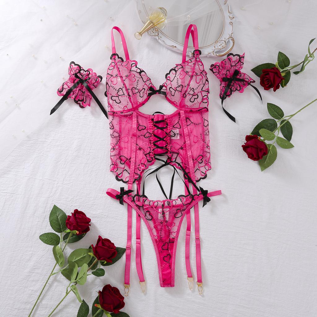Women Sexy 3 Piece Mesh Lingerie Set See Through Heart Embroidery Lace up Bra Corset Thong with Hand Cuff Romantic Underwear