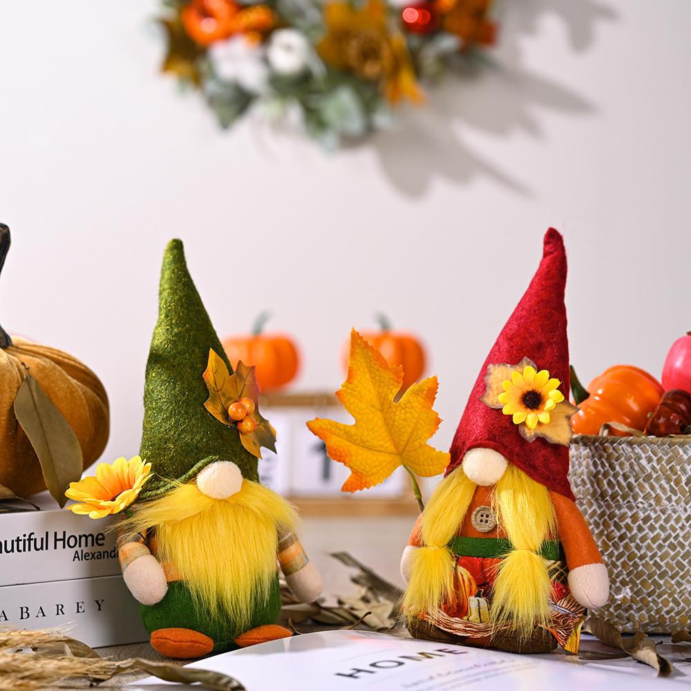 Plush Harvest Season Rudolf Gnome Figurine With Colorful Maple Leaf Hat And Floral Accents