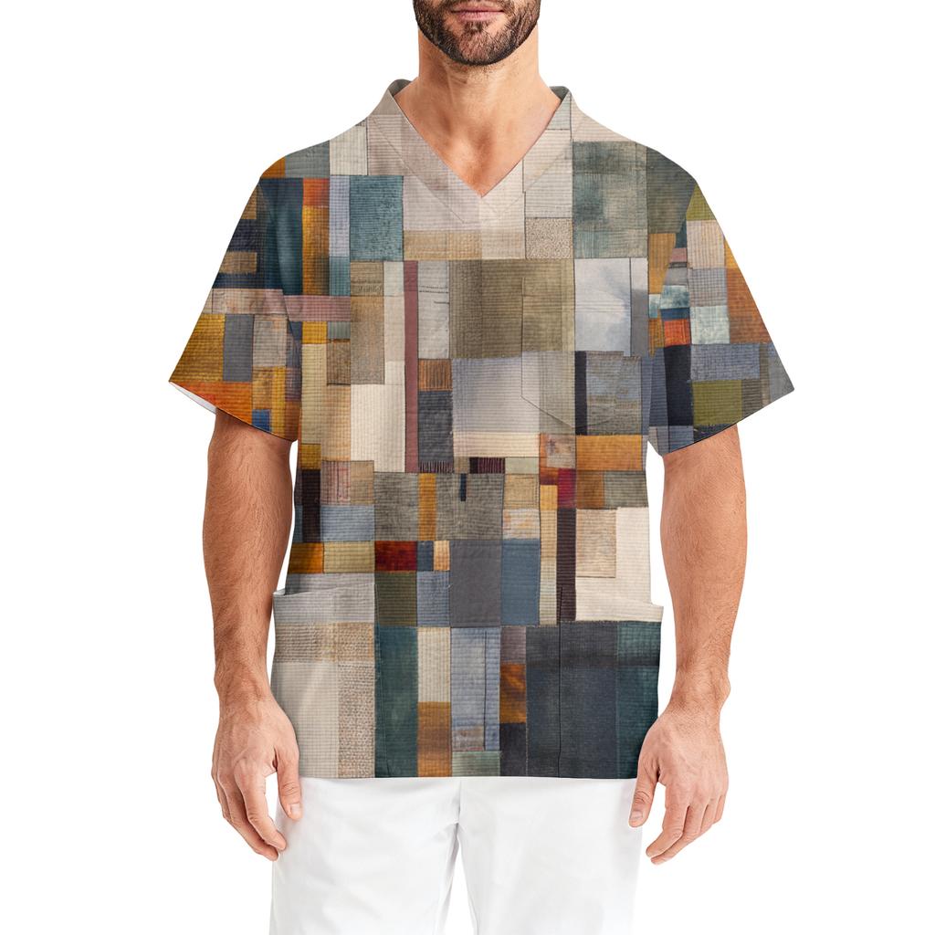 Men's Printing Short Sleeve V-neck Working Blouse Chest Pocket Carer Top