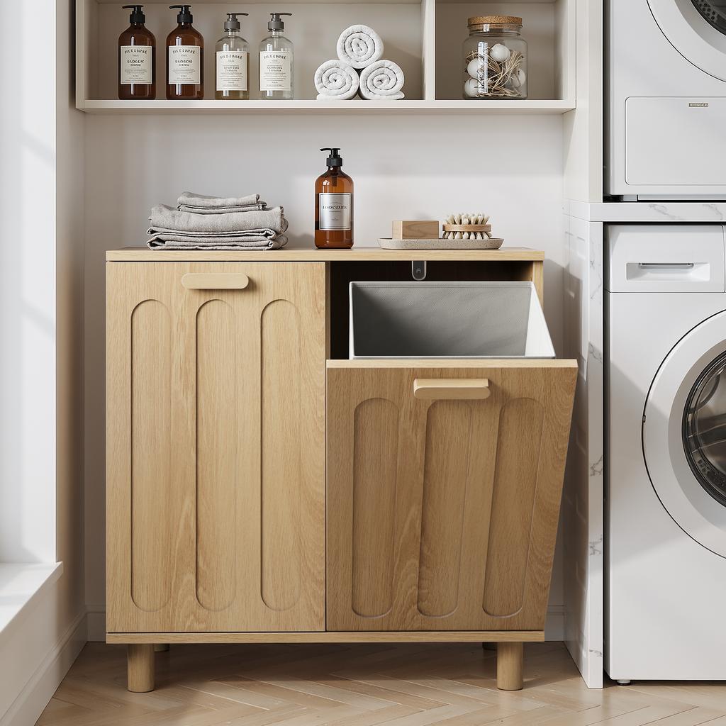 Tiltable Laundry Basket with Removable Laundry Basket, Concealed, Bathroom Storage Cabinet, Freestanding Storage Shelf for Home, Oak Color