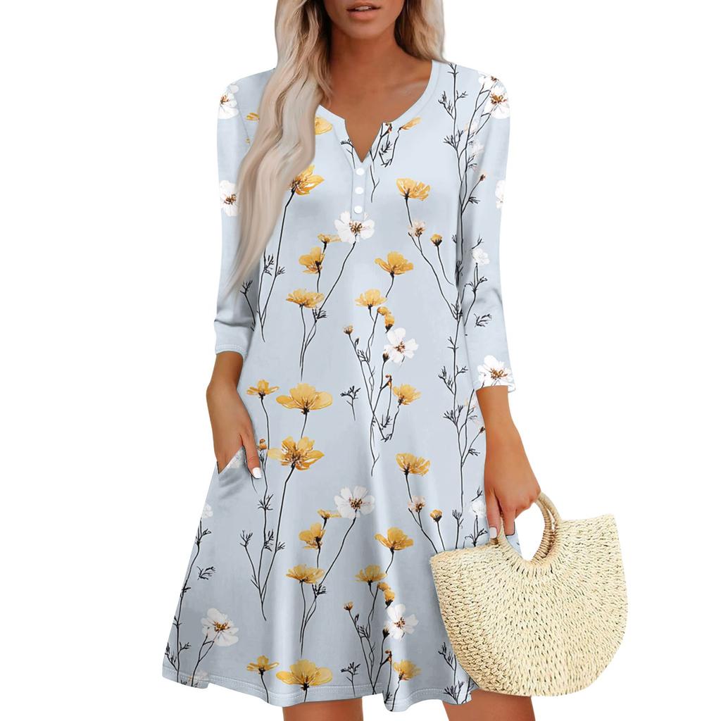 Women's Fashionable V-Neck Button Seven Part Cuff Pocket Floral Dress