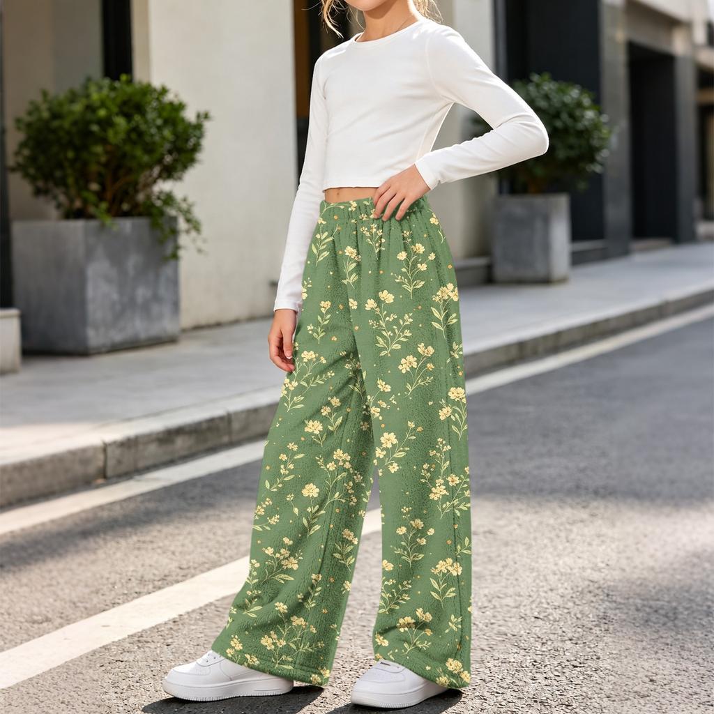 Girls' Warm Flannel Pants with Print, Loose Fit Casual Long Pants for Fall and Winter