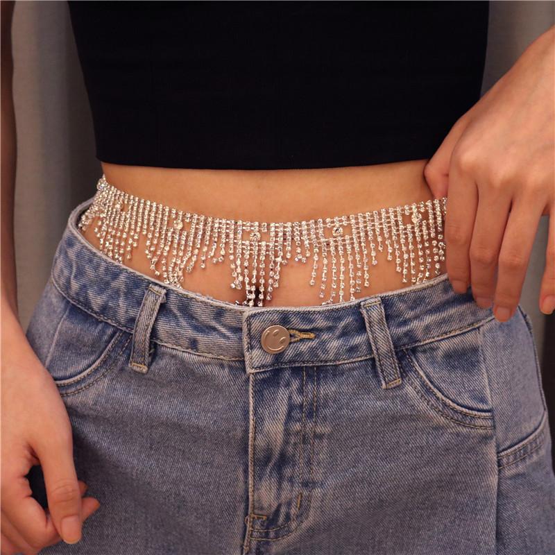 European And American Exaggerated Catwalk Feng Shui Diamond Fringed Waist Chain Spice Girl Sexy Low Waist Nightclub Decoration Super Flash Temperament