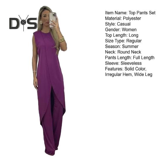 2 Pcs/Set Women Top Pants Set Irregular Hem Wide Leg Solid Color Soft Round Neck Loose Sleeveless Long Blouse Trousers Set