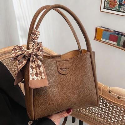 Leather Texture Handbag Silk Scarf Decorative Change Bucket Versatile Shoulder Messenger Bag