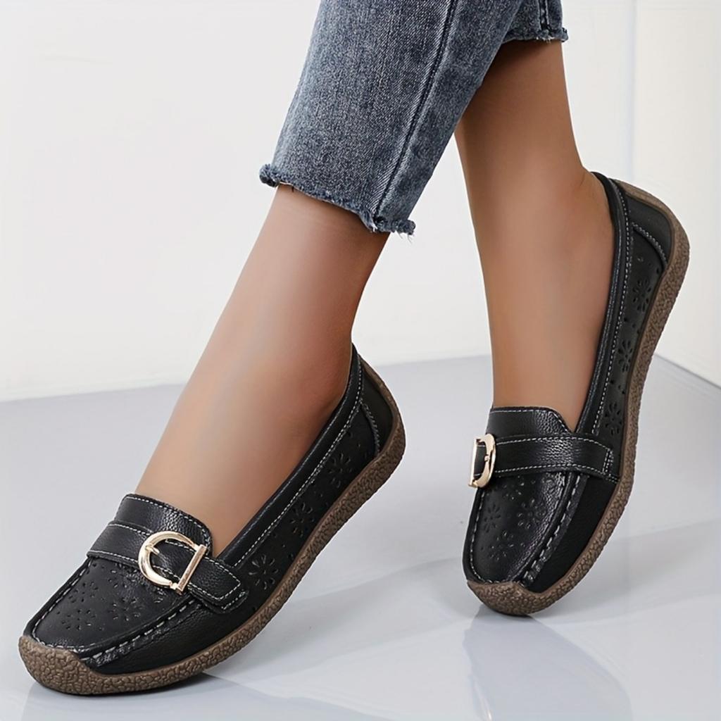 Ladies' Breathable White One Foot Loafers - Gold Buckle, Lightweight Casual Summer Shoes, Comfortable Daily Wear, Fashionable and Durable