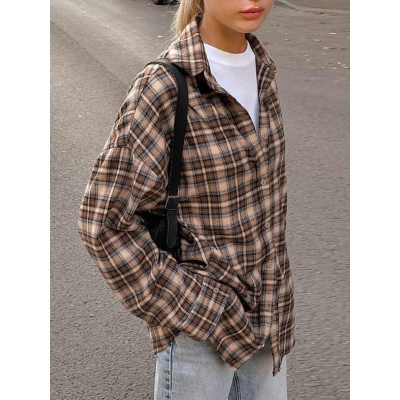 Summer Retro Plaid Shirt Women's Long Design Sense Bottoming Plaid Shirt Loose AK1071