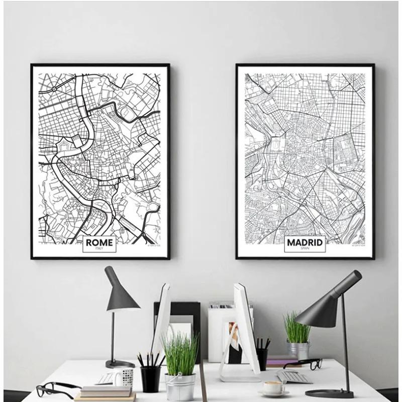 Poster con Parole Nero Bianco Mappa Città Parigi Londra New York Stampa Nordica Pittura su Tela Quadro da Parete per Soggiorno Decorazioni per la Casa