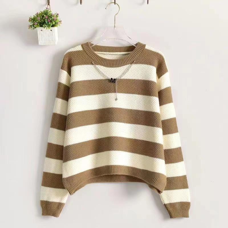 

Autumn and winter new temperament low crew neck top loose chic beautiful sweater striped knitted pullover women