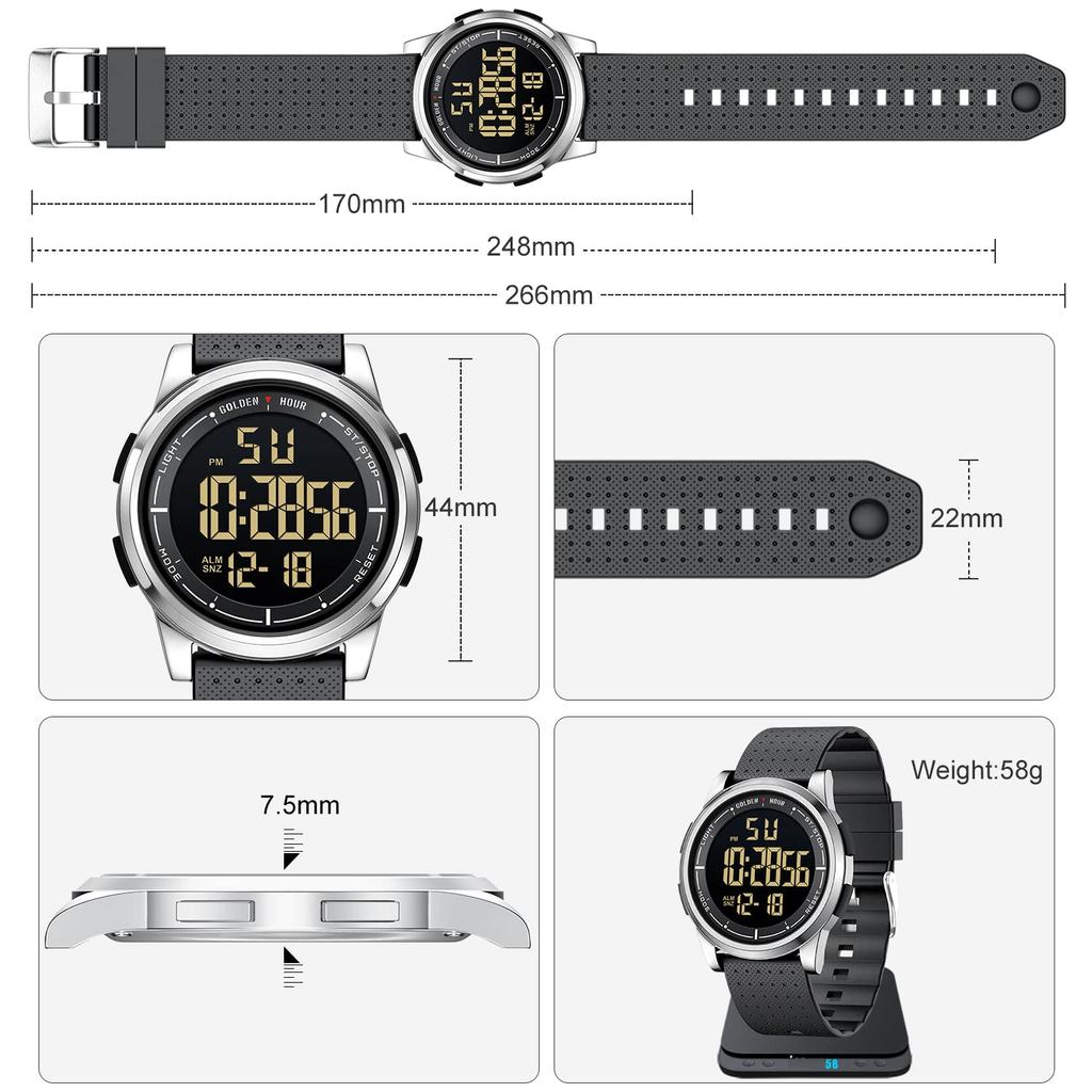 GOLDEN HOUR Minimalist Metal Sports Waterproof Digital Wide Viewing Angle Rubber Unisex Watch Men's Watch, Ultra-Thin Design, Case, Watch, Display,