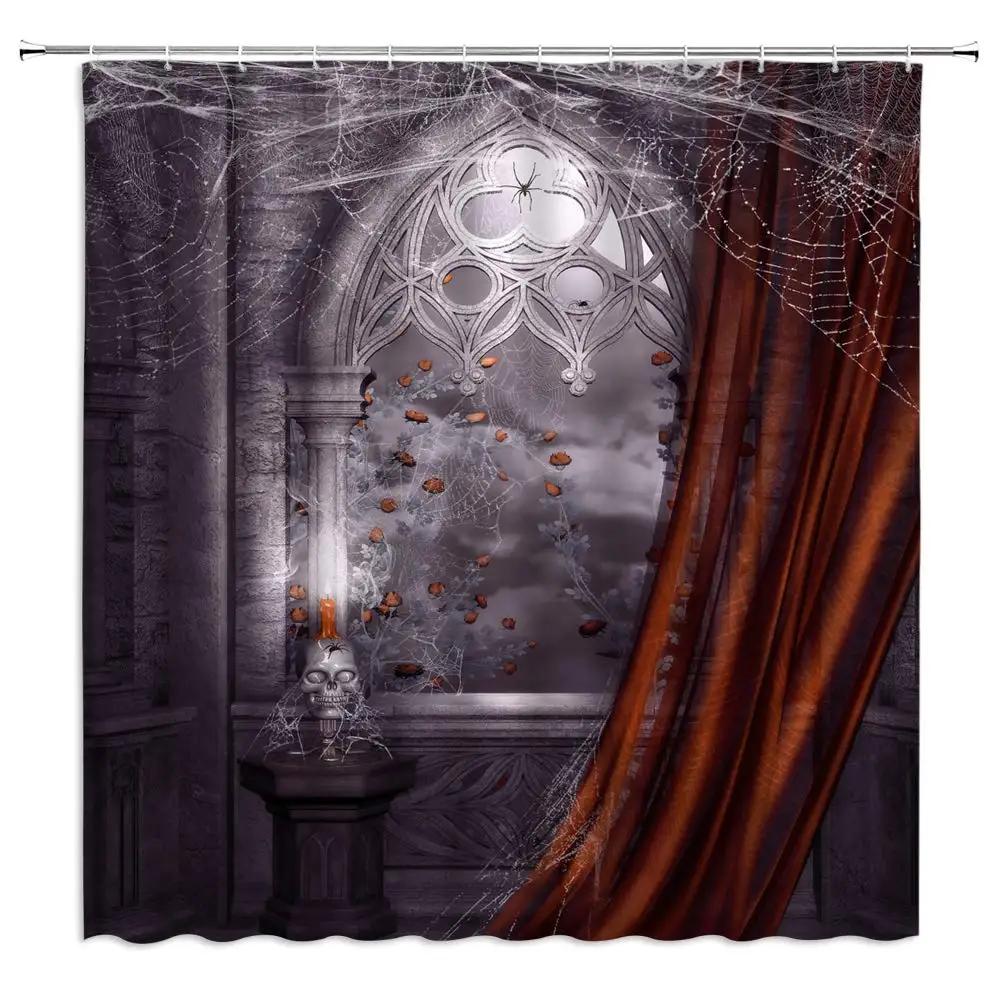 

Gothic Shower Curtain Vintage Castle Rose Flower Spider Web Skull Skeleton Horror Halloween Retro Bathroom Decor Fabric Curtain W60H190(CM)-1 Pcs