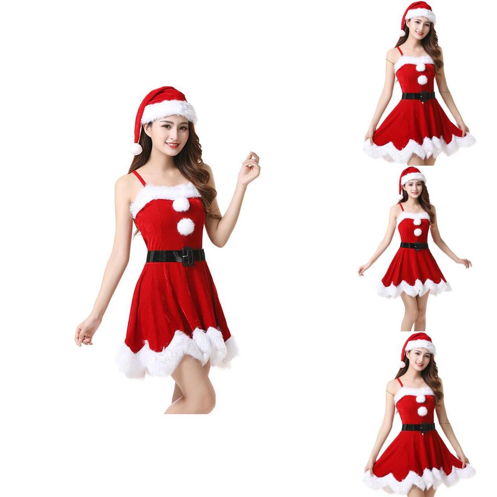 Red Velvet Women Christmas Costume With Soft Touch Santa Claus Dress And Hat