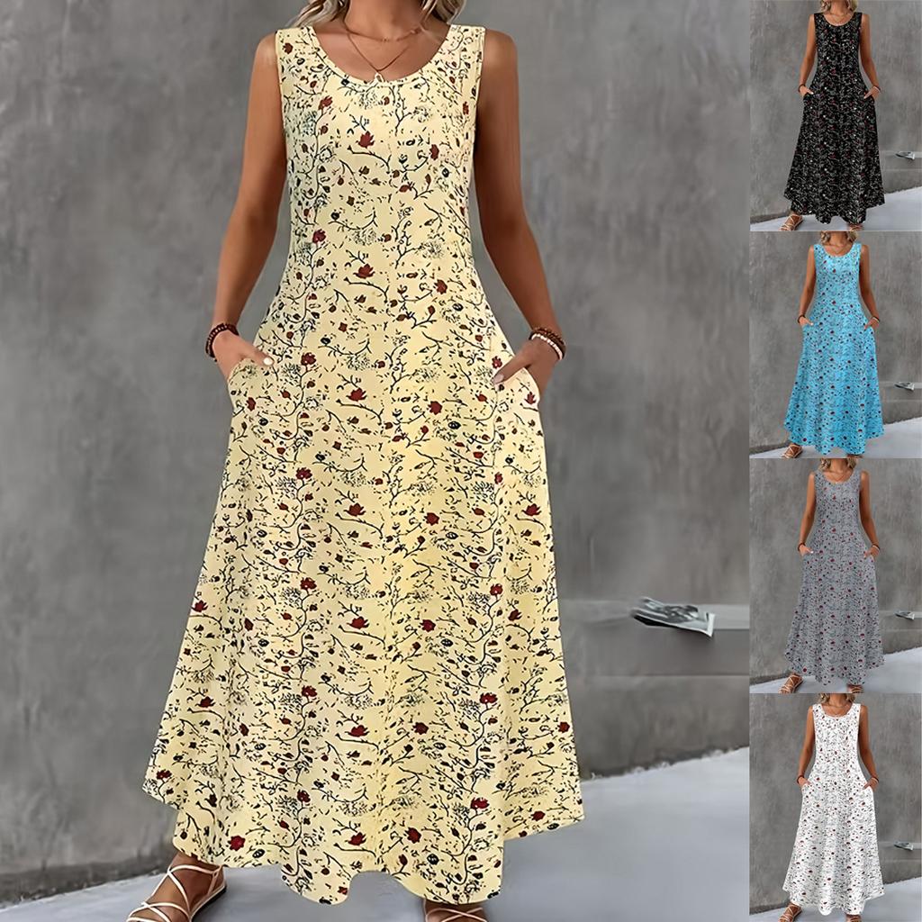 Women's Round Neck Sleeveless Floral Print Maxi Dress Loose Fit Mid Waist Elegant Casual Long Dress
