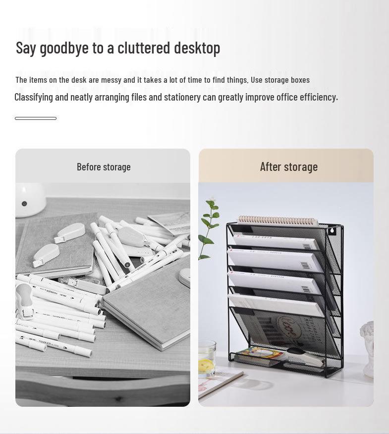 Suport metalic de perete pentru dosare: Organizator vertical cu cinci straturi pentru documente A4 și coș de depozitare pentru cărți cu mai multe straturi.