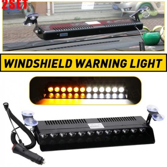 2Set 12-LED Car Strobe Light Emergency Flash Windshield Warning Lamps12V Amber/W