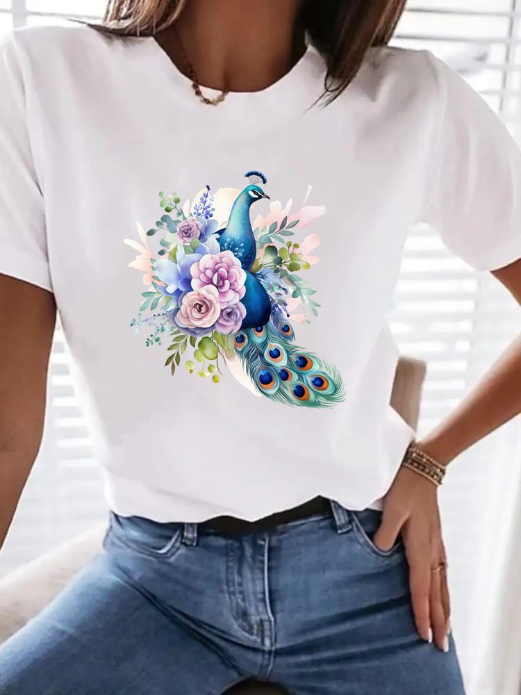 (Asian Size) Watercolor Flower Trend Women Tee Top Fashion Clothing T Shirt Woman Print Female Short Sleeve Graphic T-shirts