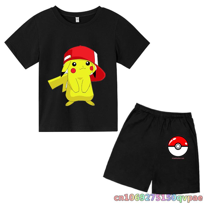 Children's Clothes Cartoon Summer Kids Animal Pokemon T-shirt Set Boys' Clothing  Leisure Cotton Pikachu Print Short Sleeve