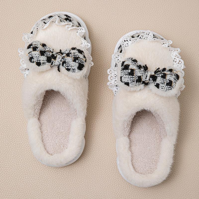 Baumwollpantoffeln Herbst und Winter Indoor Zuhause 2025 neu Schleife niedlich warm flauschige Pantoffeln Outdoor