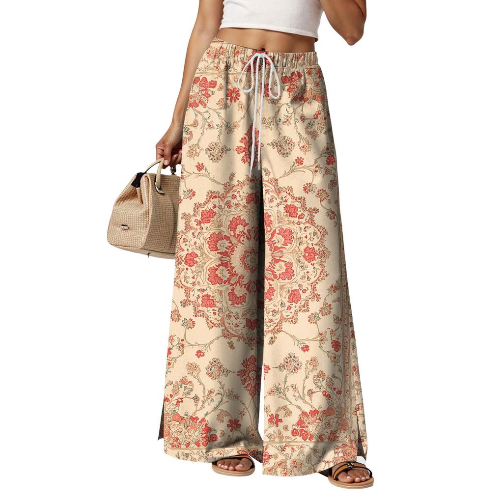 Womens Floral Print Wide Leg Pants Loose Fit Trousers With Two Side Splits Casual Lounge Wear Beach Vacation Outfits 2025