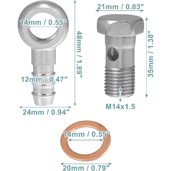 ACROPIX 14mm ID 12mm OD M14x1.5 Banjo Bolt Hose Barb Fittings Universal Banjo Fitting Fuel Line with Screw Washer for Motorcycle Silver Tone - Pack
