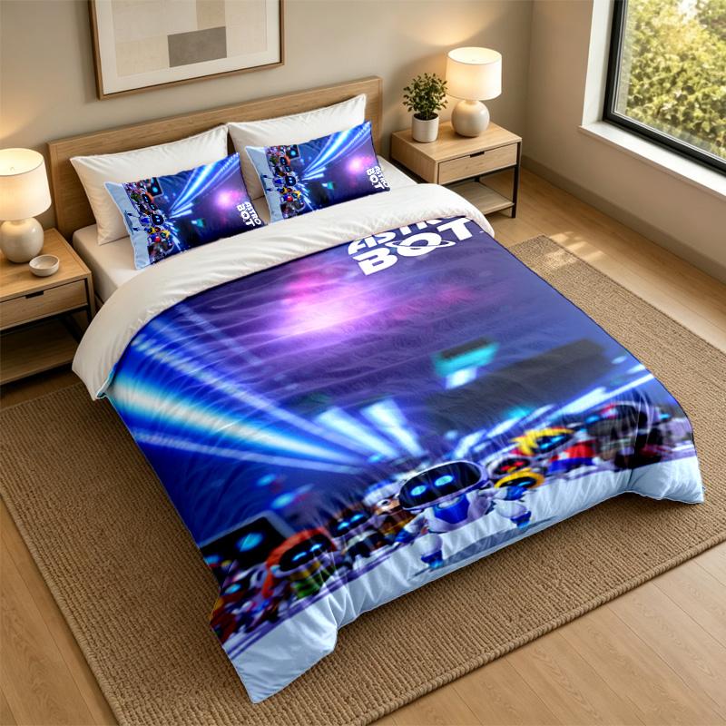 Soft Bedding Set Astro Bot Pattern, 1 Duvet Cover Plus 2 Pillowcases Stylish Bedroom Home Textile