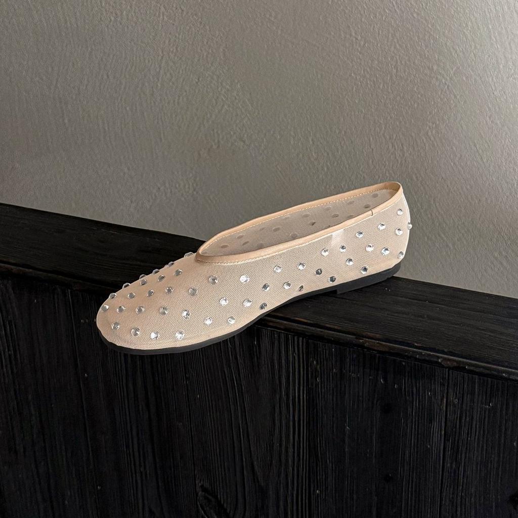 Krazing Pot Air Mesh Sheep Skin Flat with Crystal Beading Round Toe Jelly Shoes Embroidery Summer Size 42 Women Flats