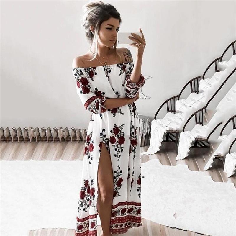 off shoulder split maxi dress