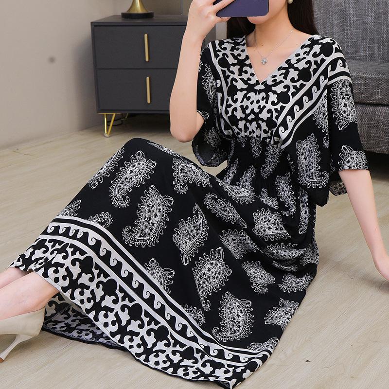 25th Anniversary Ethnic V-Neck Rayon Short Sleeve French-Thai Print Holiday Dress for Women