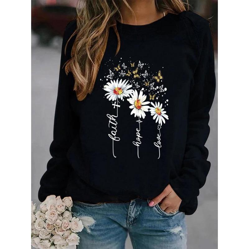 Vinter Dame Daisy Printed Topper T-skjorte Dame Rundhals Langermet Casual Sweatshirt Plus Size Bluse