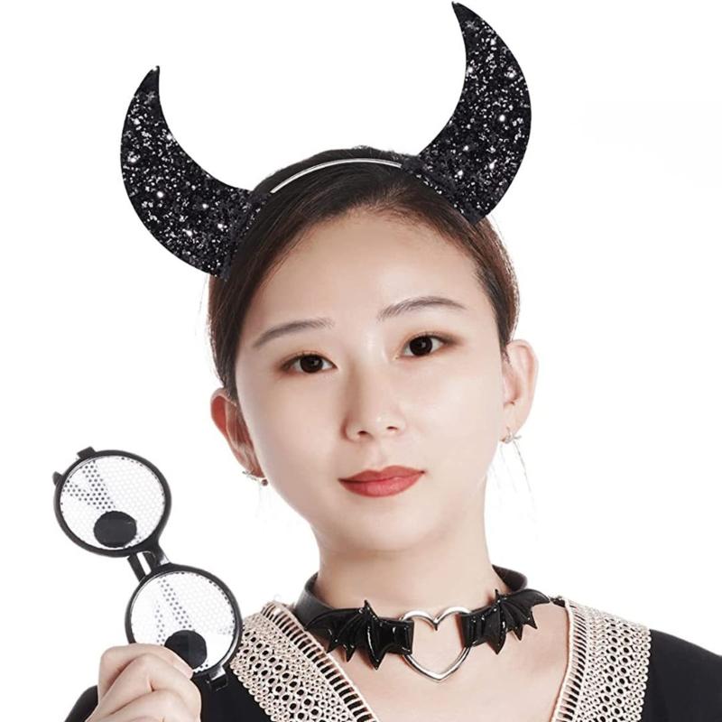 Gothic Dark Glitter Girls Choker Collar Rose Devil Wing Headband Set Gothic Bat Wing Versatile Choker