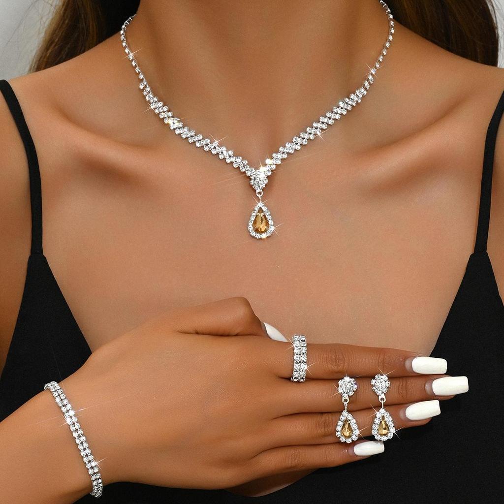 European-American Bridal Jewelry Set: Necklace, Bracelet, Ring, Zircon Earrings - Perfect for Weddings and Evening Dresses