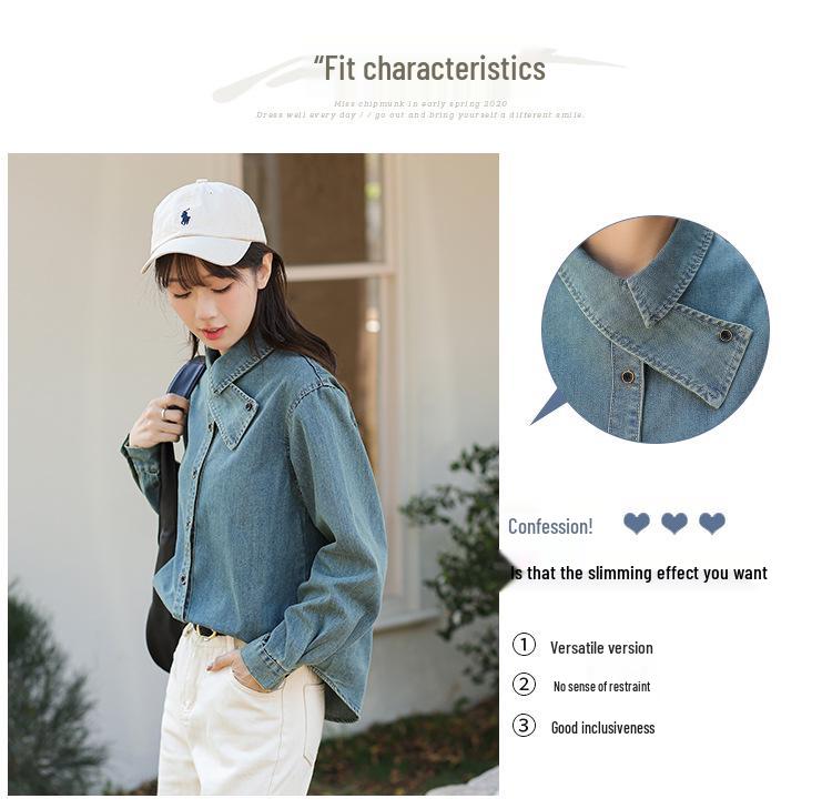 Vintage-Inspired Luxe Korean Denim Shirt with Scarf Collar