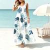 Sleeveless Blue Leaf Flowy Maxi Dress Lightweight Ocean Vibe Beach Vacation Dress,Summer Casual Long Dress for Beach