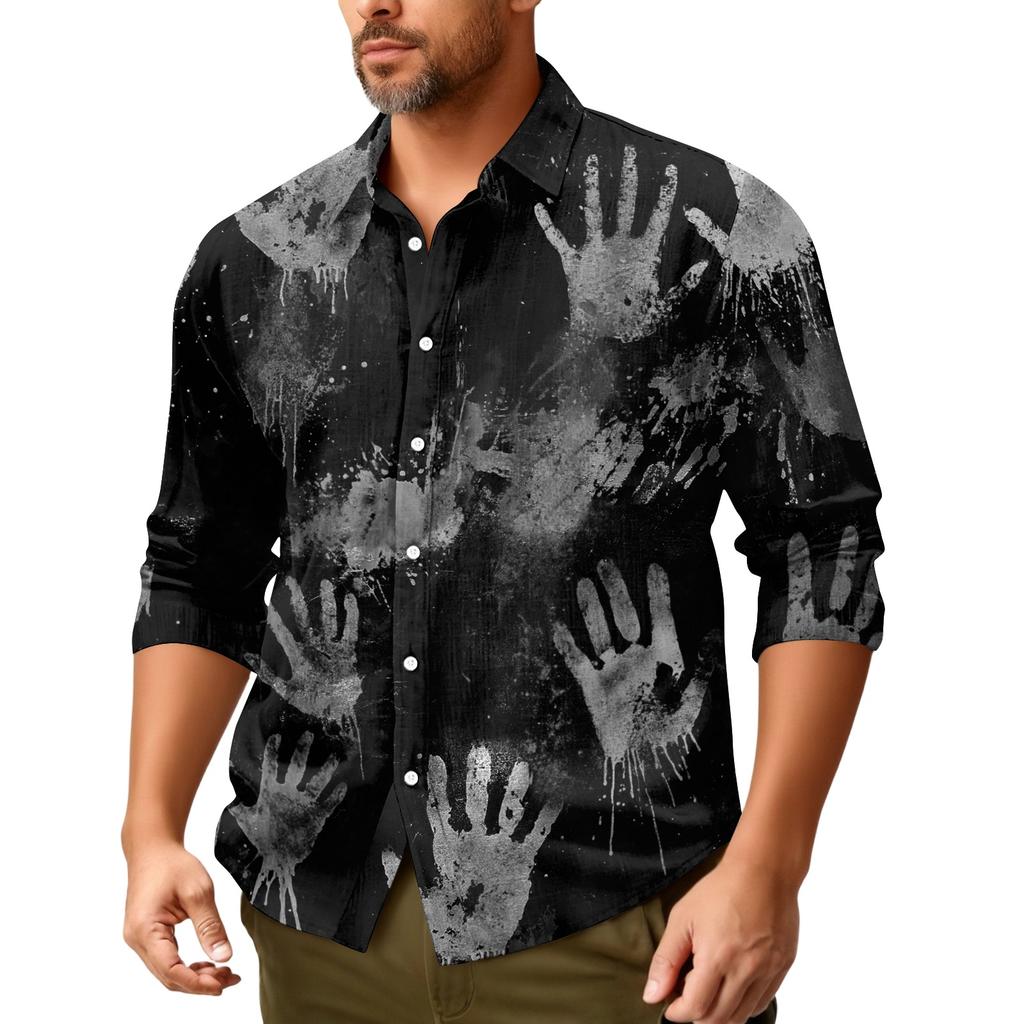 Camicia da uomo a maniche lunghe con bottoni, vestibilità ampia, casual, a tema Halloween, stampa, tessuto comodo e leggero