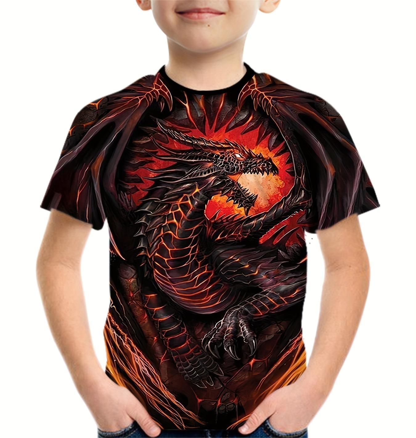 

Дитячий одяг Футболки для хлопчиків з коротким рукавом Дитяча футболка Стильний 3D графічний принт дракона Повсякденний літній одяг для дівчаток Топи 120