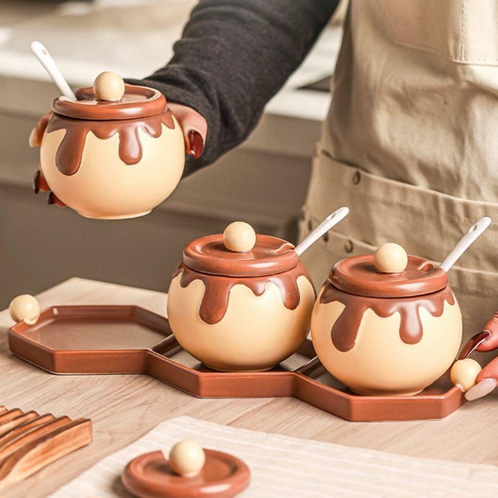 Cartoon Honey Jar Design Spice Jars with Spoon Condiment Pot Creative Ceramic Seasoning Jar  Salt