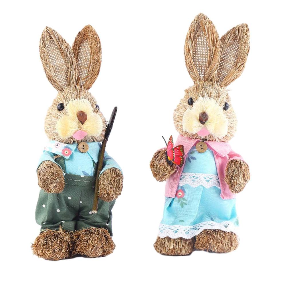 2Pcs Easter Bunny Figurines Easter Decor Cartoon Cute Creative Straw Rabbit Statue for Tabletop Yard Patio Lawn Bookshelf