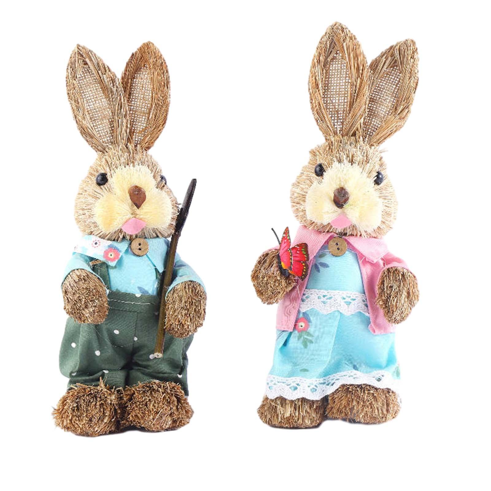 

2Pcs Easter Bunny Figurines Easter Decor Cartoon Cute Creative Straw Rabbit Statue for Tabletop Yard Patio Lawn Bookshelf