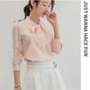 Summer Autumn Women Pink White Chiffon Blouse Fashion Korean Style Bow Tie Collar Ladies Shirt Office Casual Long Sleeve Base Top
