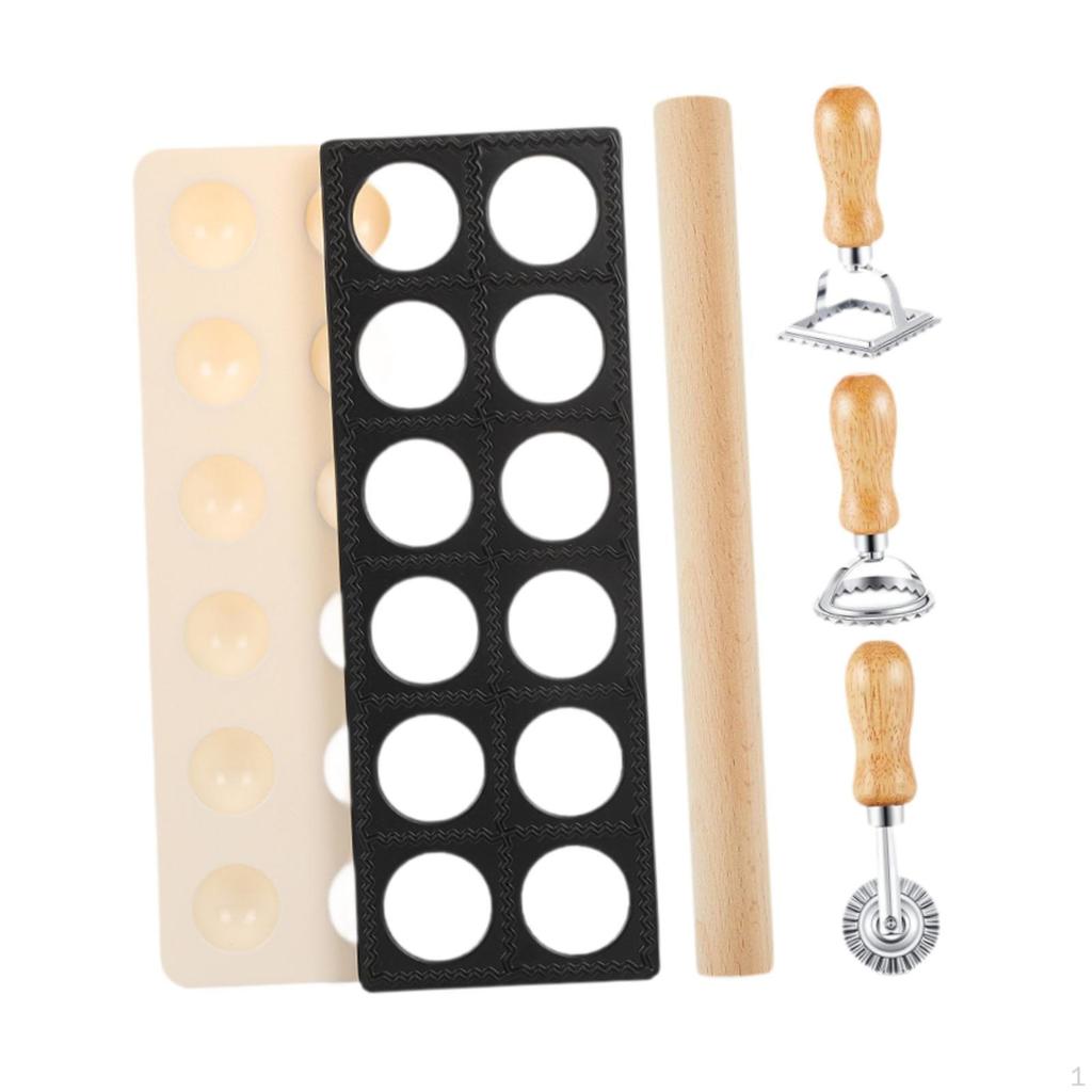 5-Piece Ravioli Maker Press Set Pasta Stamp Cutter Noodle Accessories Including Wooden Roller And 12
