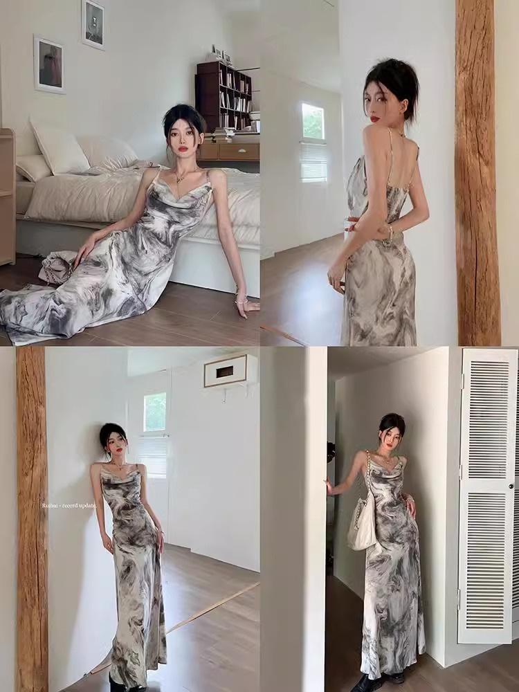 Adjustable Spaghetti Strap Ink Painting Bodycon Fishtail Dress - Chinese Style